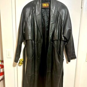 Full length black leather coat with removable fur collar